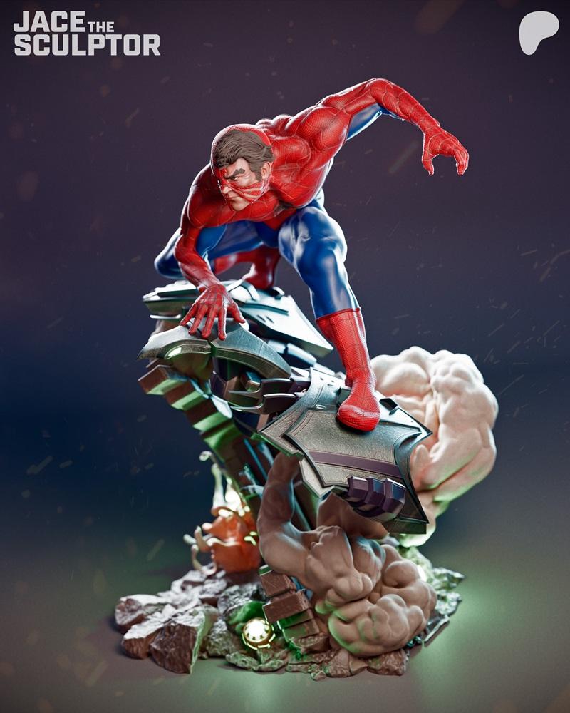Spiderman figure in red and blue suit, crouched on a metallic platform with a detailed rocky base. Studio logo 'Jace...