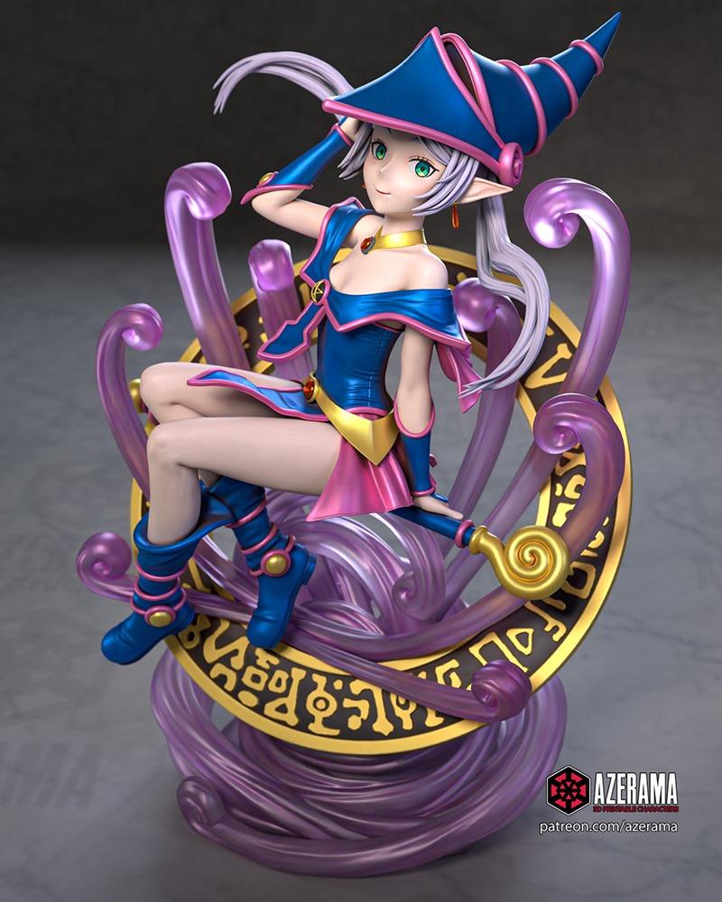 3D model of Dark Magician Girl from Yu-Gi-Oh! seated on a magical platform, wearing blue and pink outfit and pointed...