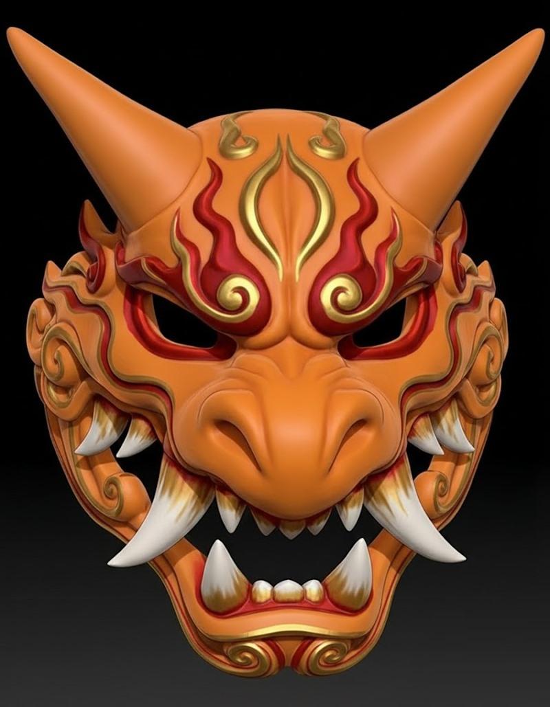 Orange and red Menpo mask with gold accents, inspired by Charizard. Features sharp horns, a snarling mouth with fangs...