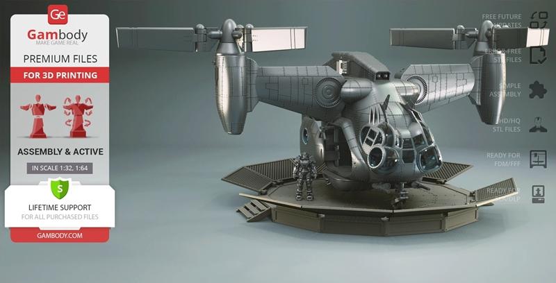 3D model of a futuristic Vertibird aircraft on a landing platform, with a small armored figure. Gambody branding and...
