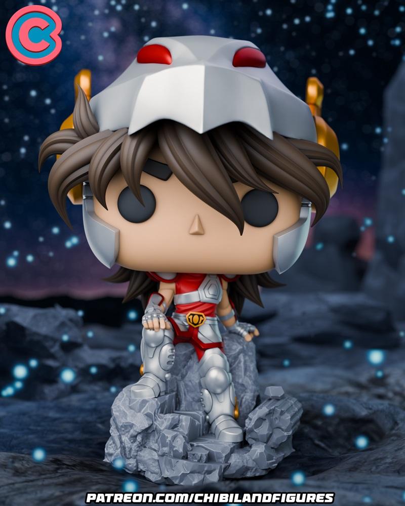 Chibi Seiya figure in Saint Seiya armor, styled like a Funko Pop, seated on a rocky base with a starry background. Mo...