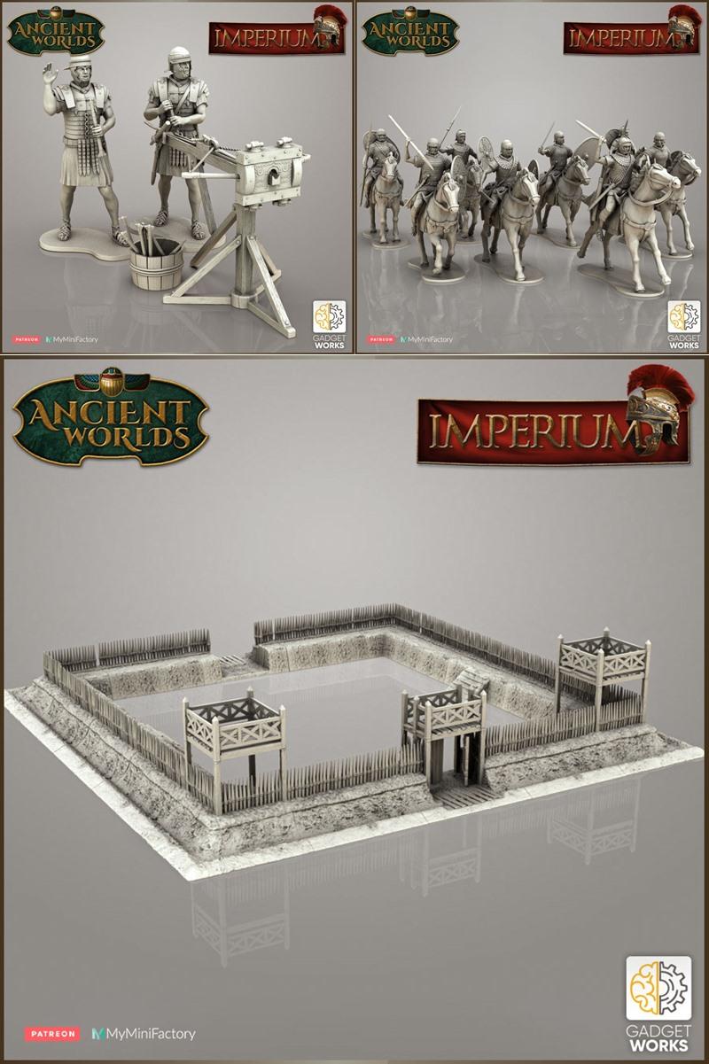 3D model of a Roman fort with wooden palisades, watchtowers, and a central courtyard, rendered in a stone-like textur...