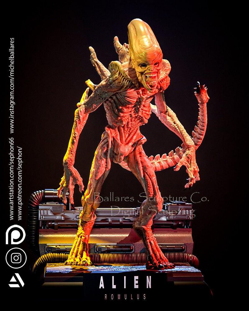 Xenomorph figure from Alien: Romulus, standing on a base with industrial elements. The creature has a biomechanical d...