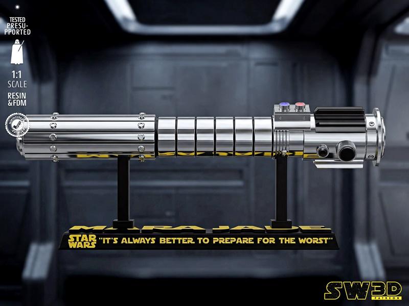 1:1 scale 3D printable model of Mara Jade's lightsaber from Star Wars, displayed on a stand with the quote "It's...