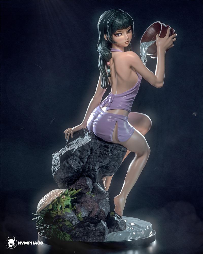 Mao Mao character figure sitting on a rock, pouring water from a jug, with a frog at her feet. Anime style, purple ou...