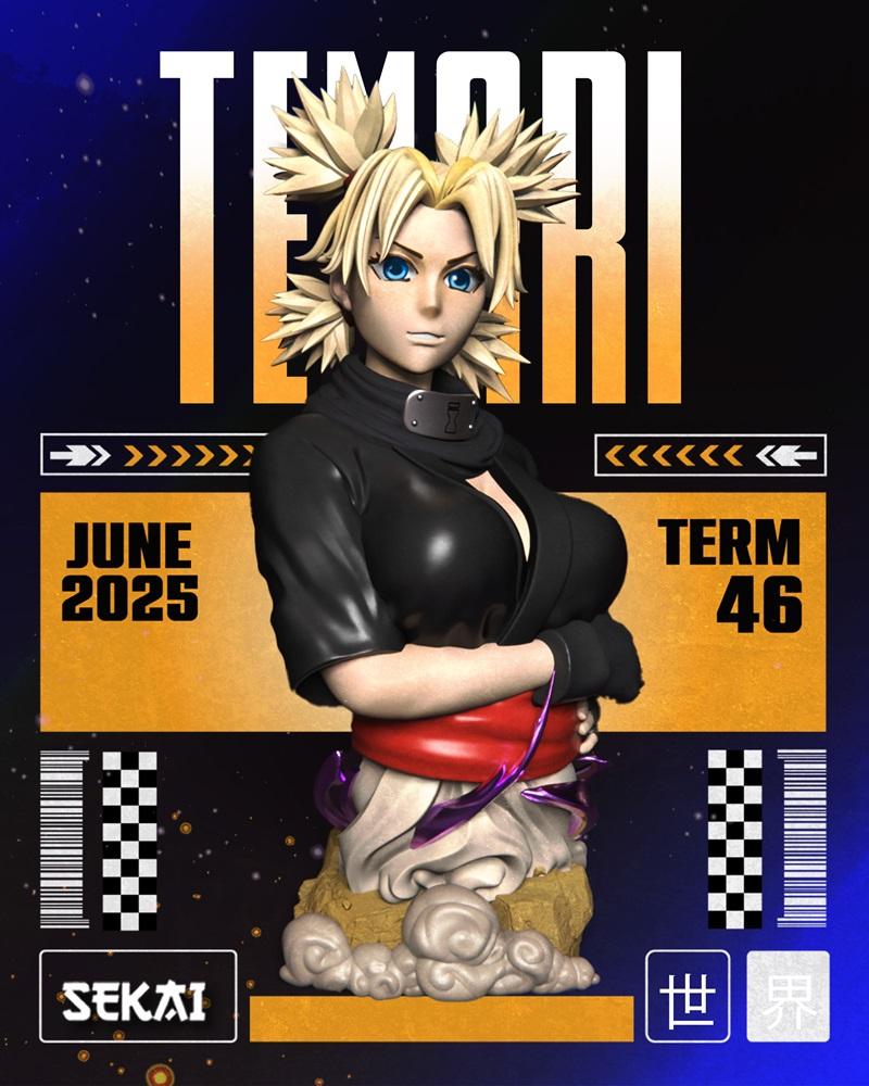 Sekai's Temari bust 3D model, blonde spiky hair, blue eyes, black outfit, red sash, purple wind effects, detailed base.