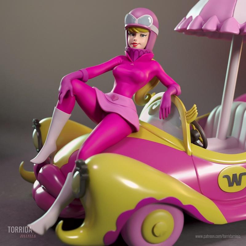 Penelope Pitstop in pink racing suit and helmet, sitting on her pink and yellow car from Wacky Races. Torrida Minis 3...