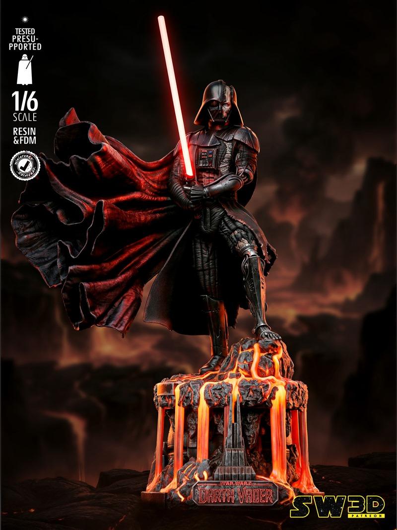 Darth Vader figure with red lightsaber, wearing battle-damaged armor and a flowing cape, standing on a lava-filled ro...