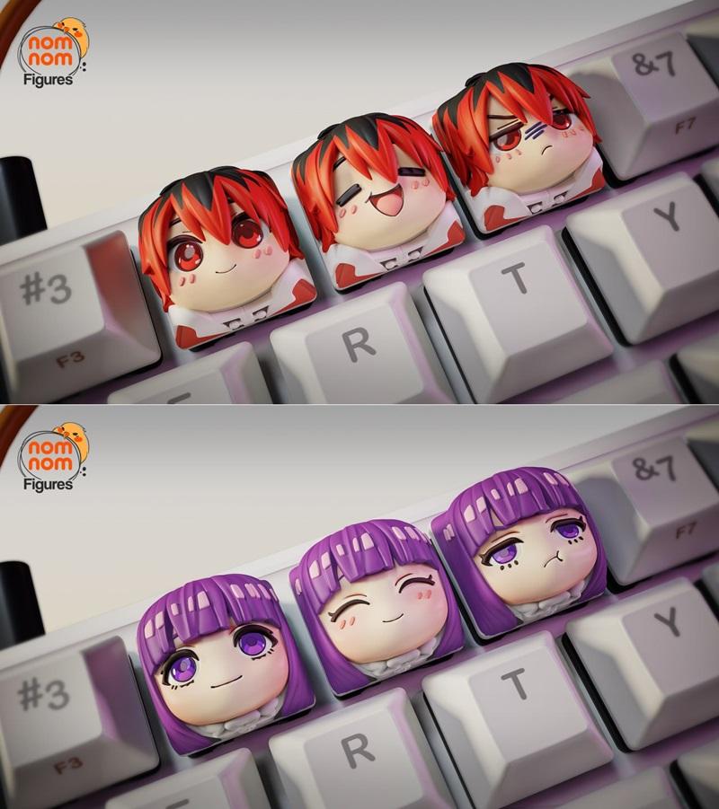 Three chibi keycaps with red and black hair, and three chibi keycaps with purple hair, all with different expressive...