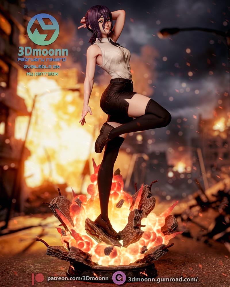 3Dmoonn 3D model of Reze from Chainsaw Man, posed dynamically on a fiery explosion base. She wears a white shirt and...