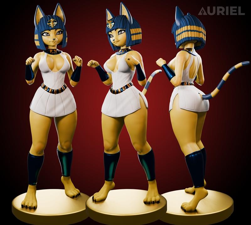 Three views of a 3D printable Ankha figure from Animal Crossing, wearing a white revealing dress with gold trim and d...