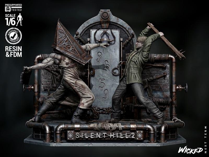 1/6 scale diorama of Pyramid Head fighting James Sunderland from Silent Hill 2, with industrial background. Wicked st...