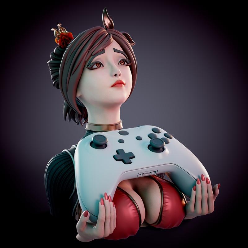 Bust of an anime-style female character with red bikini top and gold choker, holding a white game controller. Chagari...