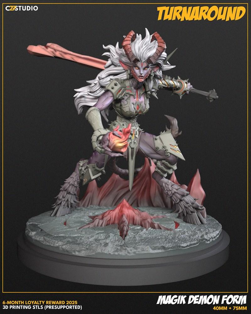 3D model of a female demon with white hair, red horns, and purple skin, wearing ornate armor and wielding a fiery swo...