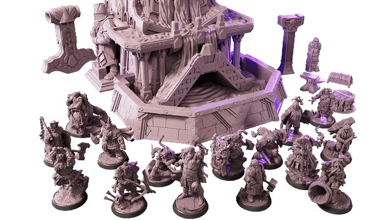 Collection of fantasy dwarf miniatures and terrain pieces from Loot Studios, including a central structure with a wat...