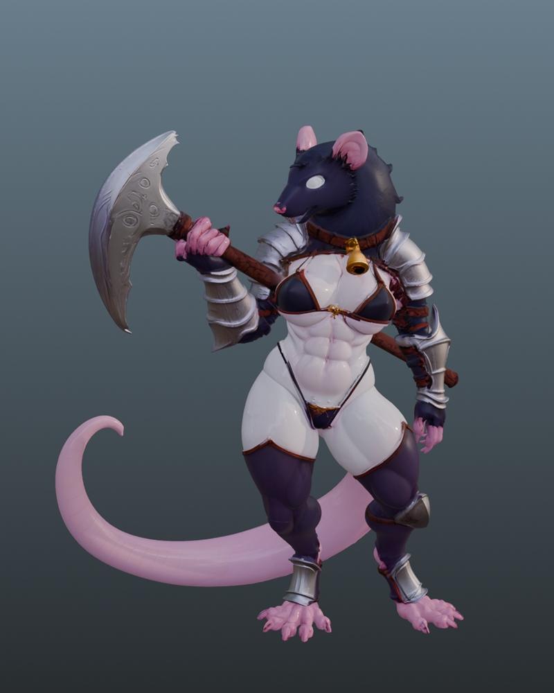 Muscular anthropomorphic rat warrior, Axe Verminess, holding a large axe, wearing bikini armor and metal pauldrons.