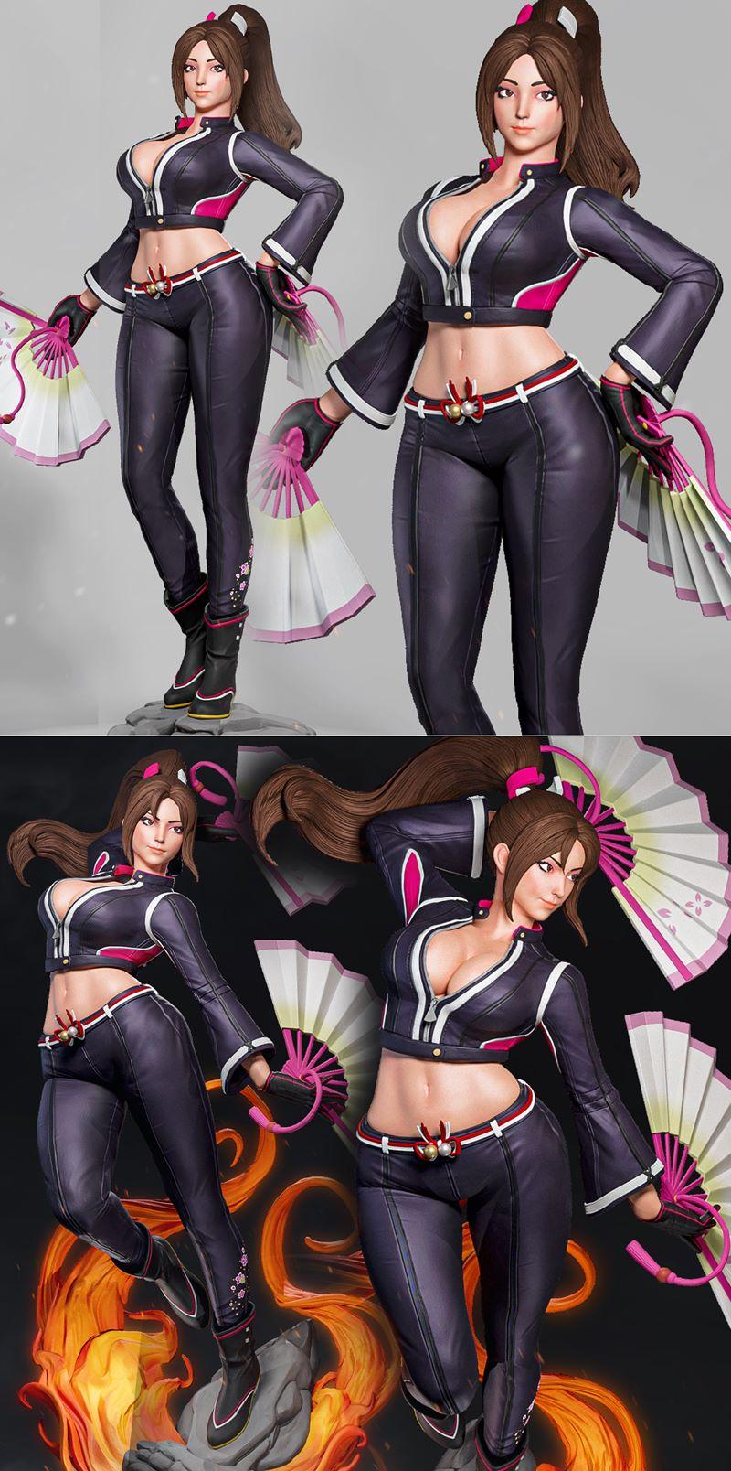 Mai Shiranui 3D model, wearing a dark purple cropped jacket and pants, holding pink and white fans. Luis3DArt studio.