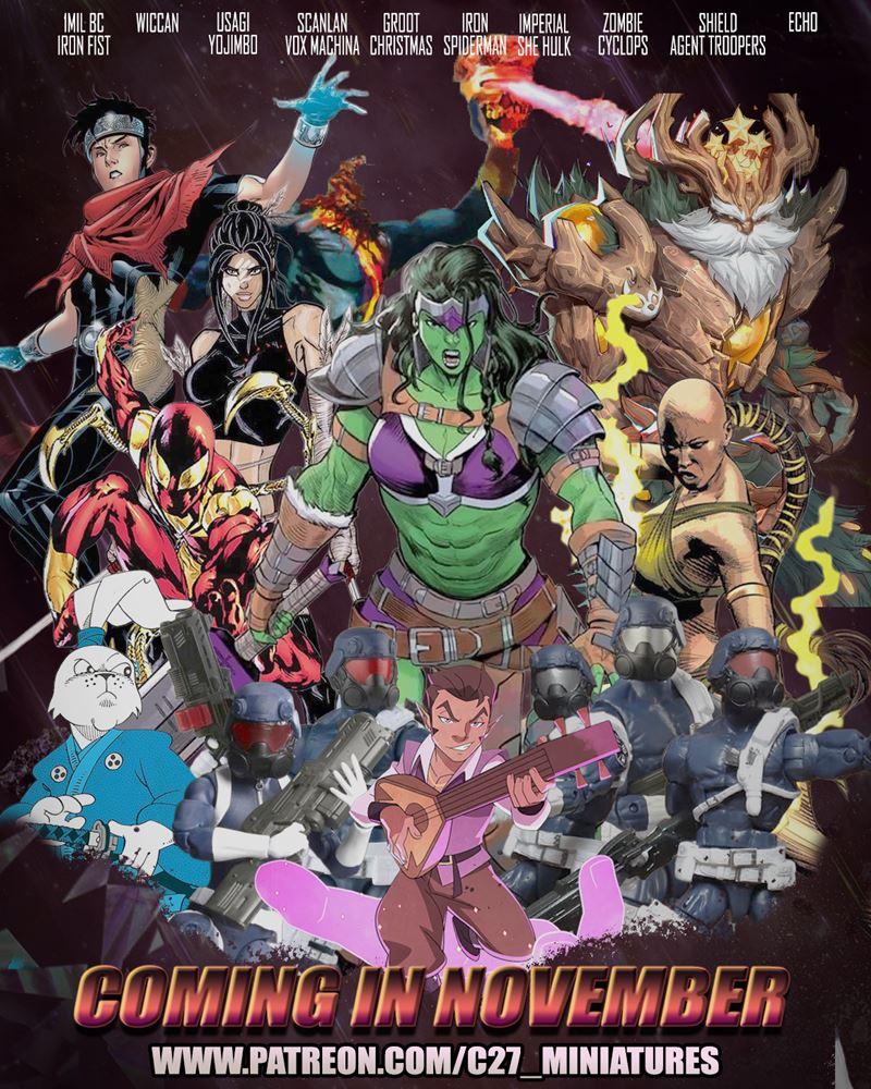 Collage of 3D printable comic book characters including She-Hulk, Iron Man, Groot, Cyclops, and others, with text &qu...