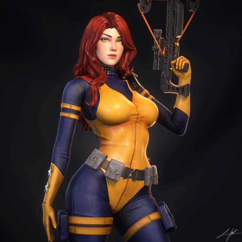 3D model of Scarlett from X-Men, wearing a yellow and blue bodysuit and holding a crossbow, with red hair and green e...