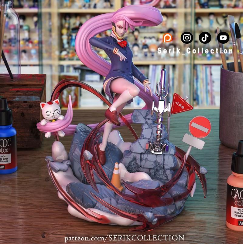 Aira Shiratori 3D model from Chainsaw Man, dynamic pose with pink hair, school uniform, energy effects, cat familiar,...