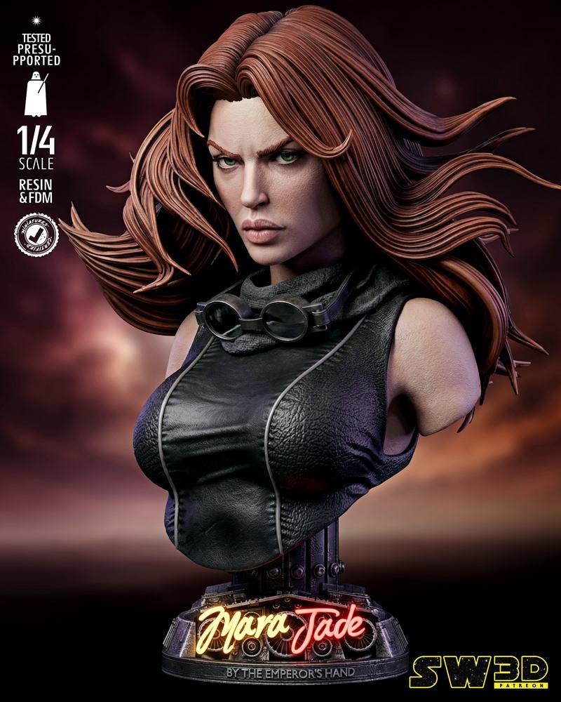 SW3D 1:4 scale bust of Mara Jade from Star Wars, featuring flowing auburn hair, intense green eyes, a black leather t...
