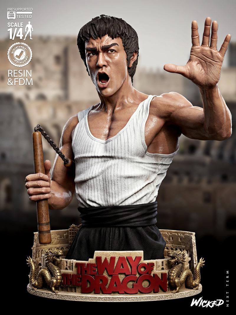 Bruce Lee bust 3D model, 1:4 scale, wearing a white tank top and black pants, holding nunchucks, with a fierce expres...