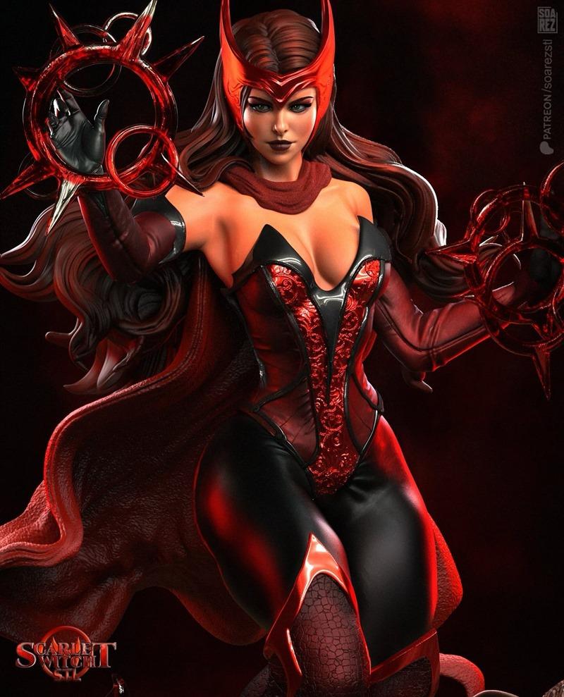 Scarlet Witch 3D model by Soarez 3D, wearing red and black costume with tiara, holding red magic sigils, dark backgro...
