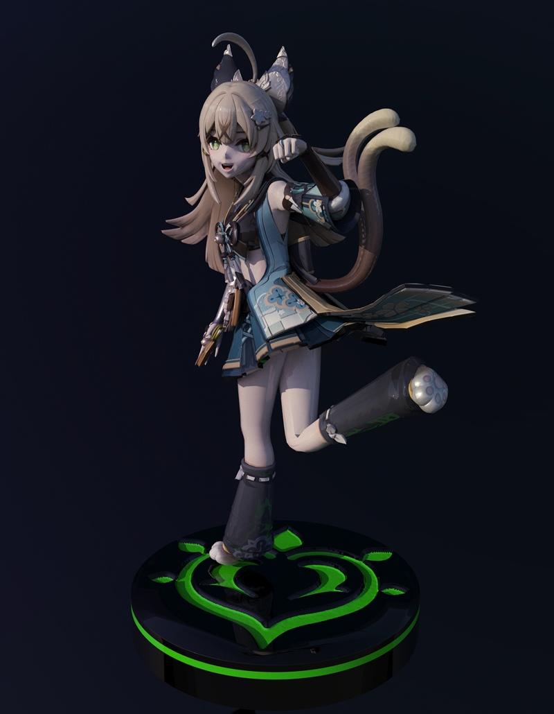 3D model of Kirara from Genshin Impact, a catgirl with blonde hair and green eyes, wearing a blue and teal outfit, st...