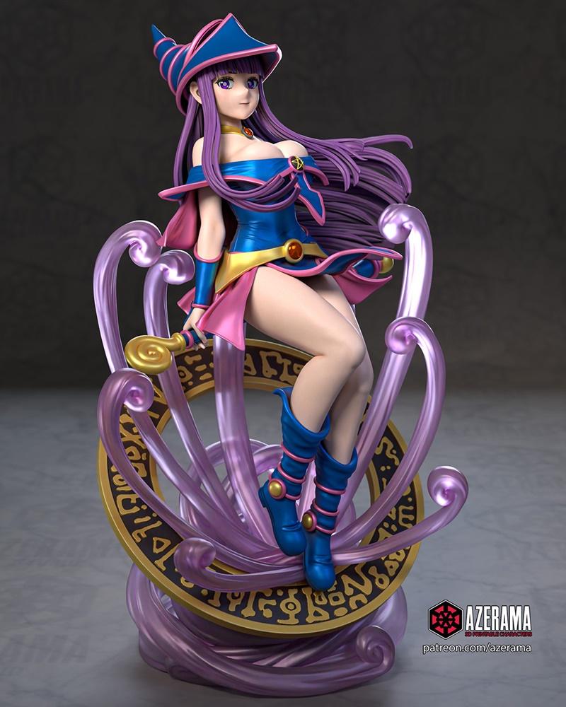 Azerama 3D model of Dark Magician Girl from Yu-Gi-Oh! seated on a swirling magical base, wearing blue and pink outfit...