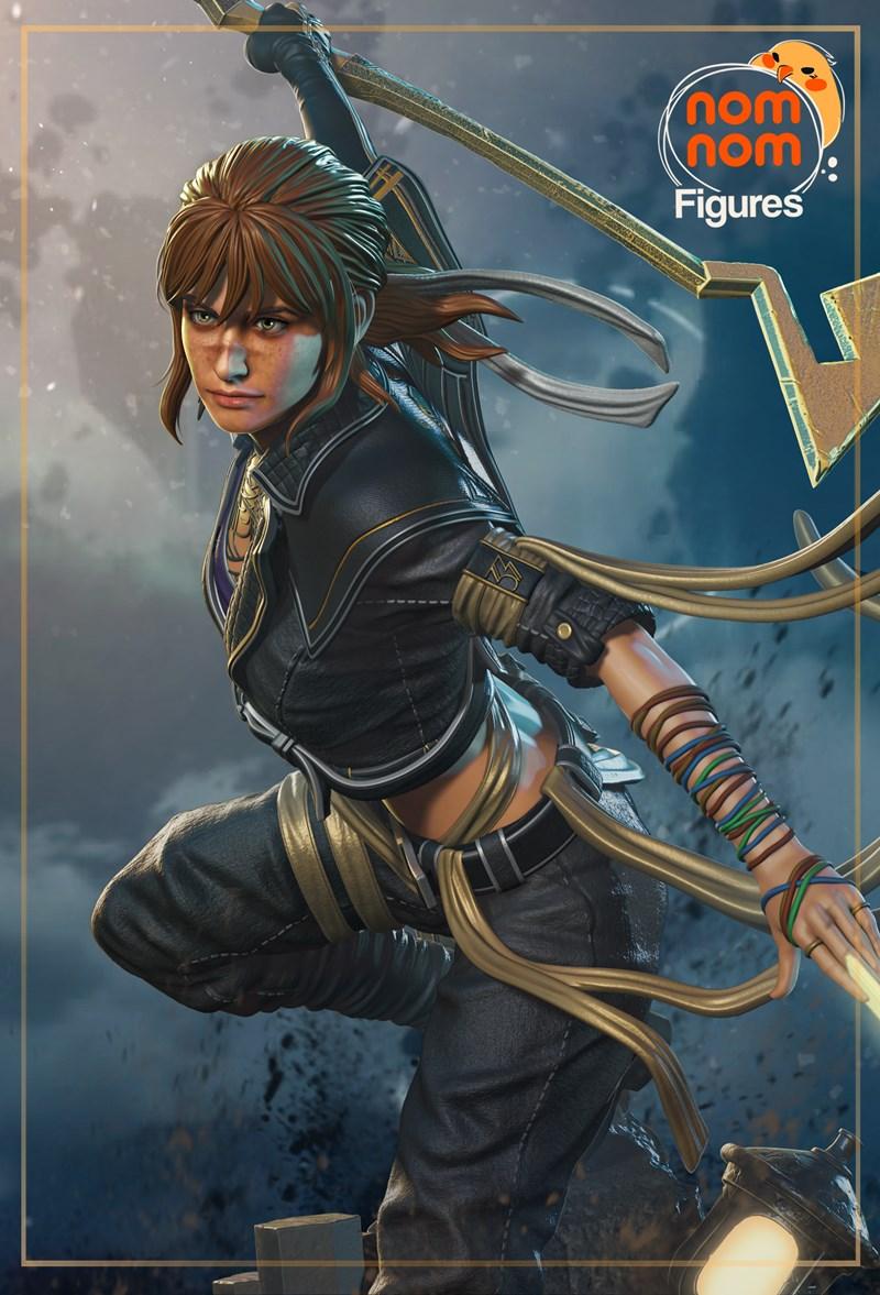 Female warrior 'Sciel Expedition 33' by Nomnom Figures in a dynamic combat stance, wielding a golden staff weapon, we...