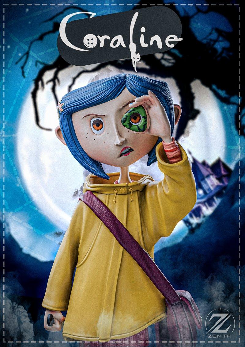 Coraline figure by Zenith Studios, wearing a yellow raincoat and holding a button eye to her face, with a large moon...
