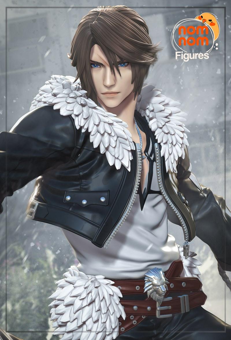 Squall Leonhart from Final Fantasy VIII, a 3D model by Nomnom Figures. He wears a black leather jacket with a white f...