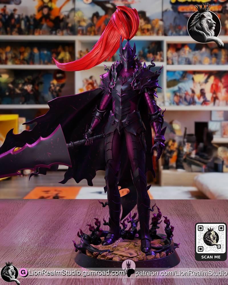 Igris, the Shadow Soldier from Solo Leveling, depicted as a 3D printable figure. He wears dark, ornate armor, a tatte...