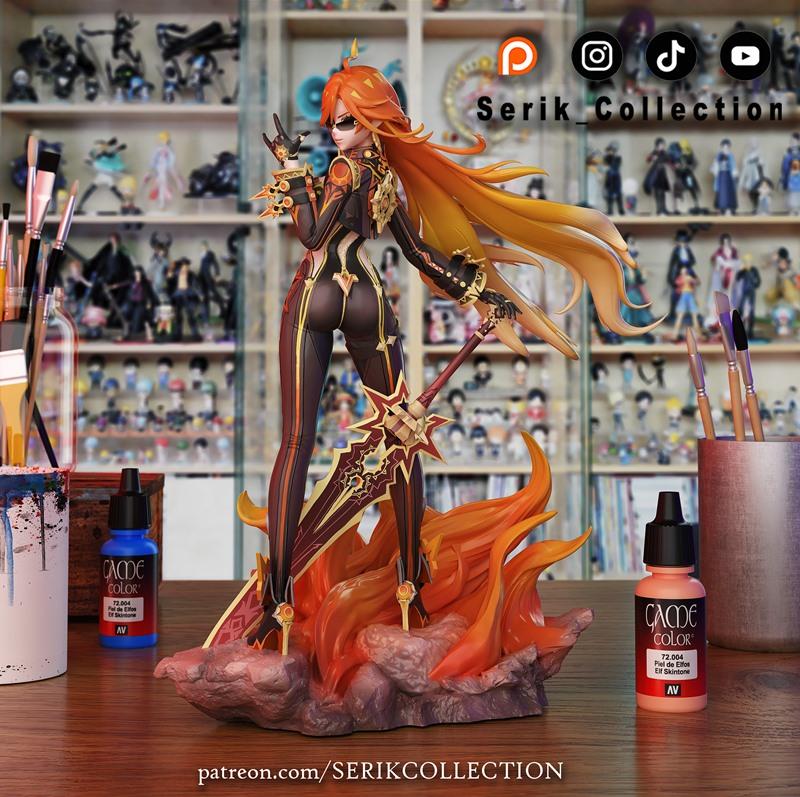Mavuika 3D model from Serik Collection, inspired by Genshin Impact. Figure wears a dark, revealing outfit with gold t...