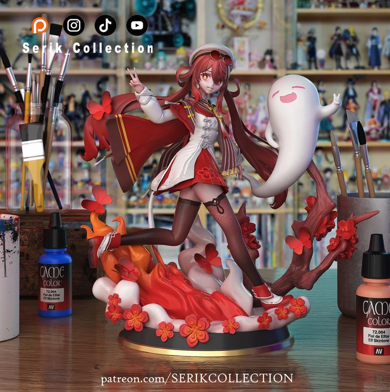 Hu Tao from Genshin Impact in a dynamic pose with a ghost companion, wearing her signature red and white outfit, surr...