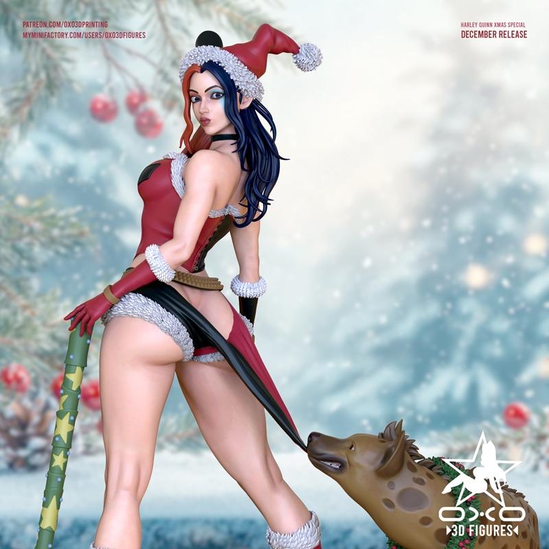 Harley Quinn in a Christmas outfit with fur trim and Santa hat, holding a mallet, with a hyena at her feet. 3D model...