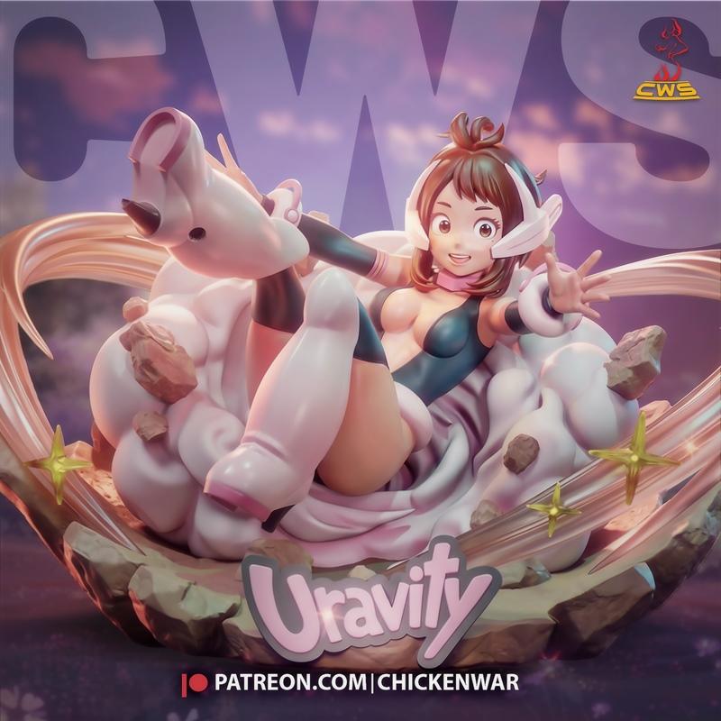 Ochaco Uraraka in a dynamic, floating pose, wearing her hero costume, surrounded by clouds and debris. CW Studio's 3D...