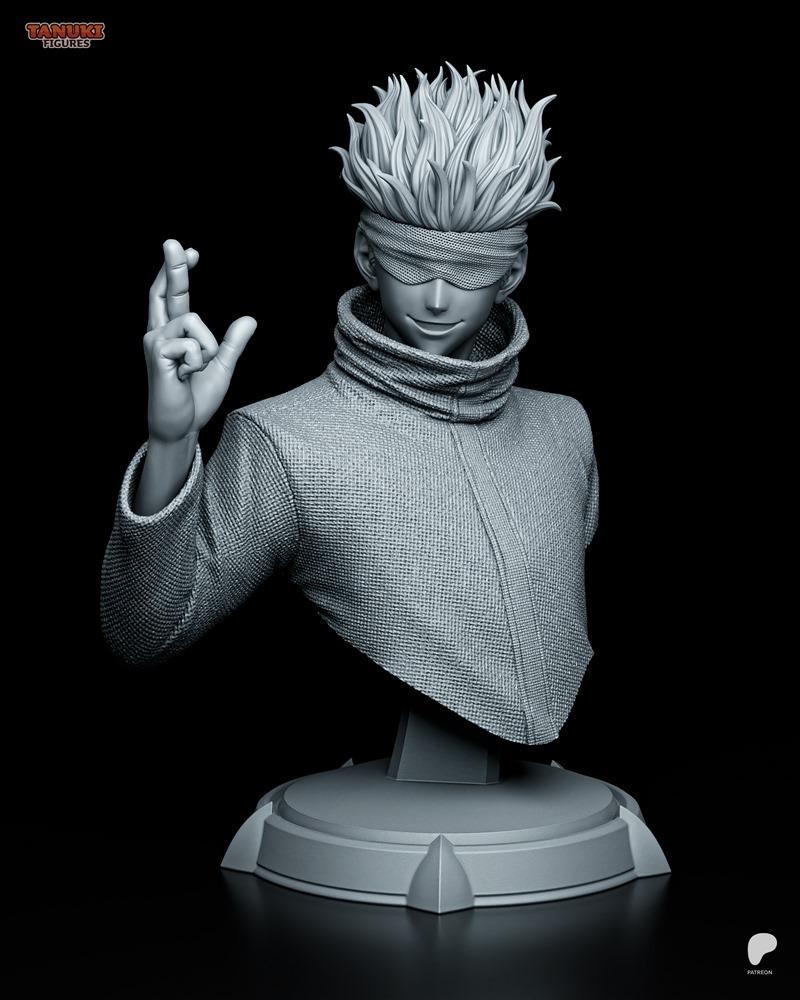 Bust of Satoru Gojo from Jujutsu Kaisen, wearing a blindfold and textured jacket, hand raised with fingers crossed, o...