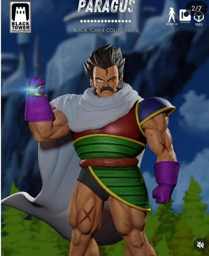 3D model of Paragus from Dragon Ball, a muscular Saiyan with a mustache, wearing purple gloves, armor, and a white ca...