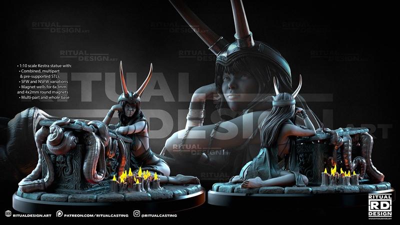 1:10 scale Kestra figure by Ritual Design, featuring a female character with horns resting on a stone altar surrounde...