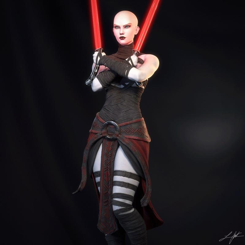 Asajj Ventress figure with two red lightsabers, bald head, dark outfit with red trim, striped leg wraps, posed with c...