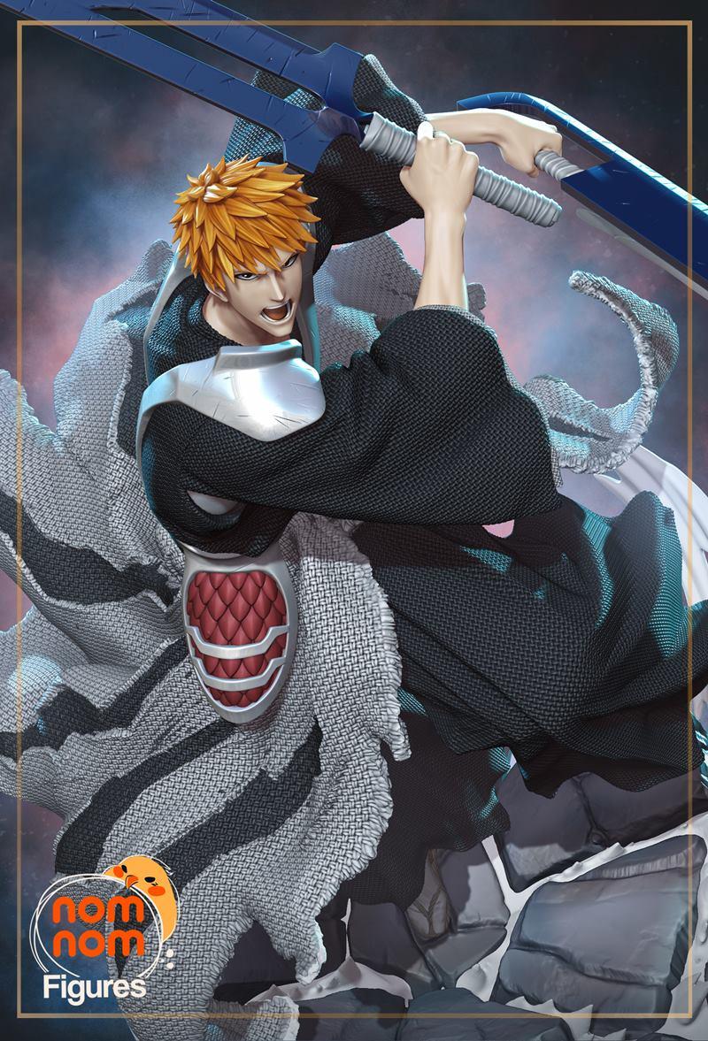 Ichigo Kurosaki from Bleach in a dynamic pose, wielding a large blue sword. He wears black robes with a textured grey...
