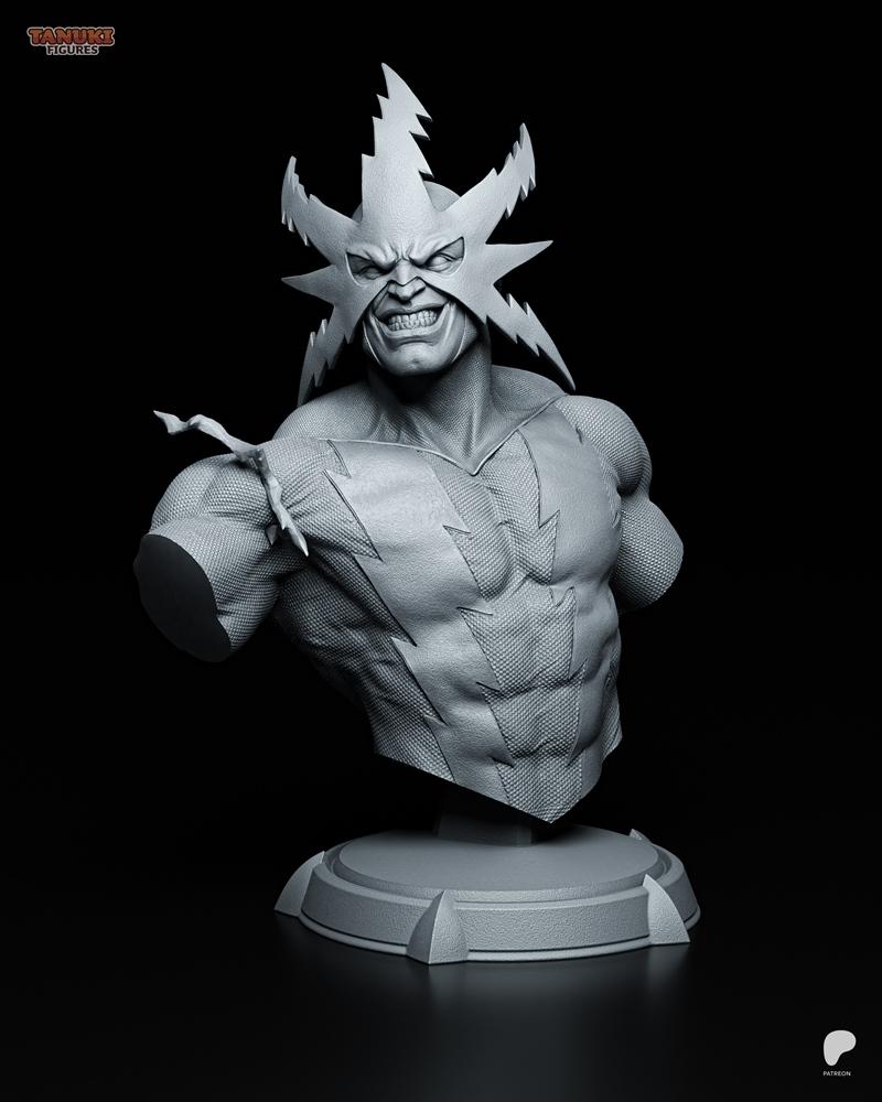 3D printable bust of Electro from Spider-Man comics, featuring a lightning-bolt mask and costume, by Tanuki Figures.