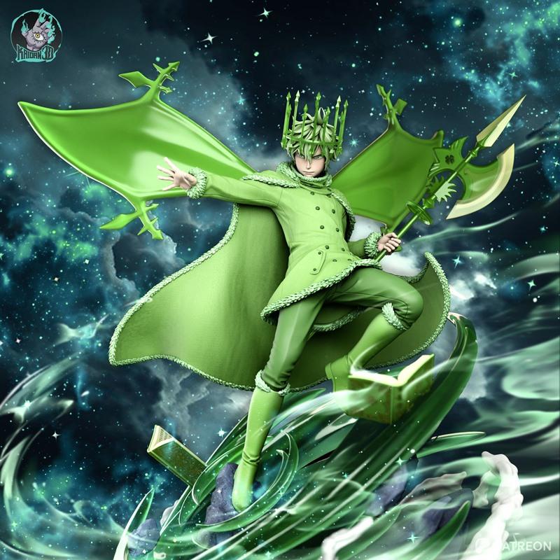 Yuno from Black Clover anime, wearing a green outfit, crown, and cape, holding an axe, posed heroically on a swirling...