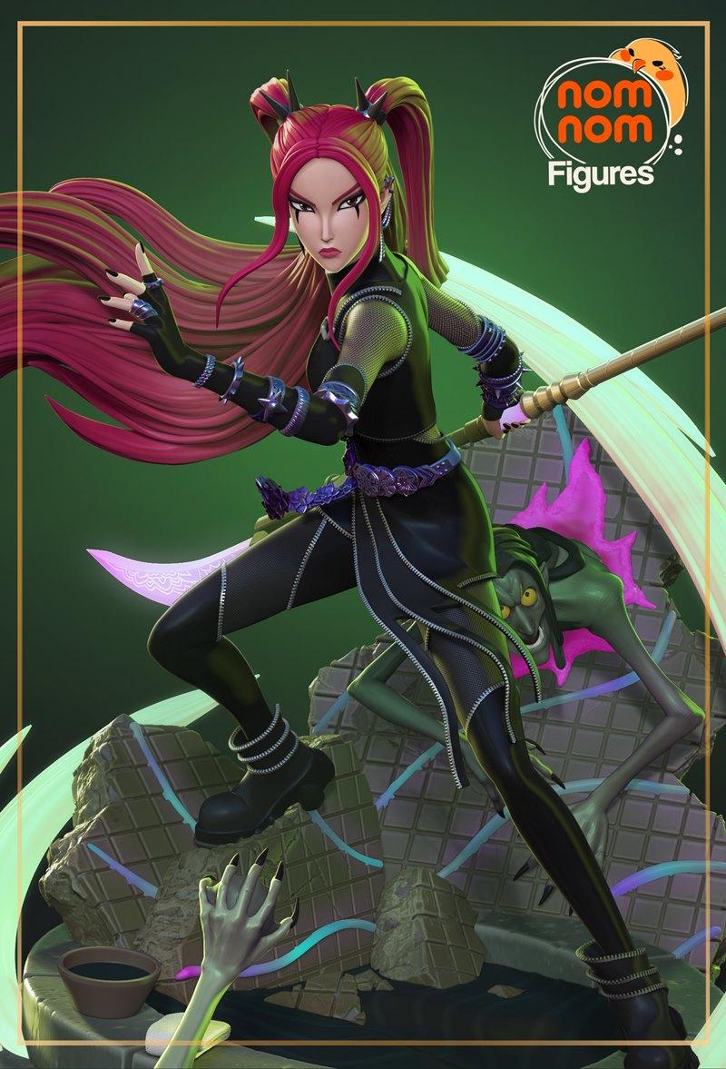 Nomnom Figures 3D model of Mira, a K-pop demon hunter with pink and blonde hair, holding a scythe and posing aggressi...