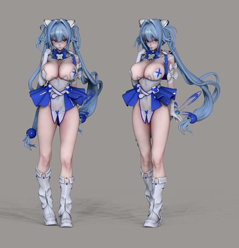 Gretel from Goddess of Victory Nikke 3D model, front and side views. Blue hair, cat ears, white and blue revealing ou...