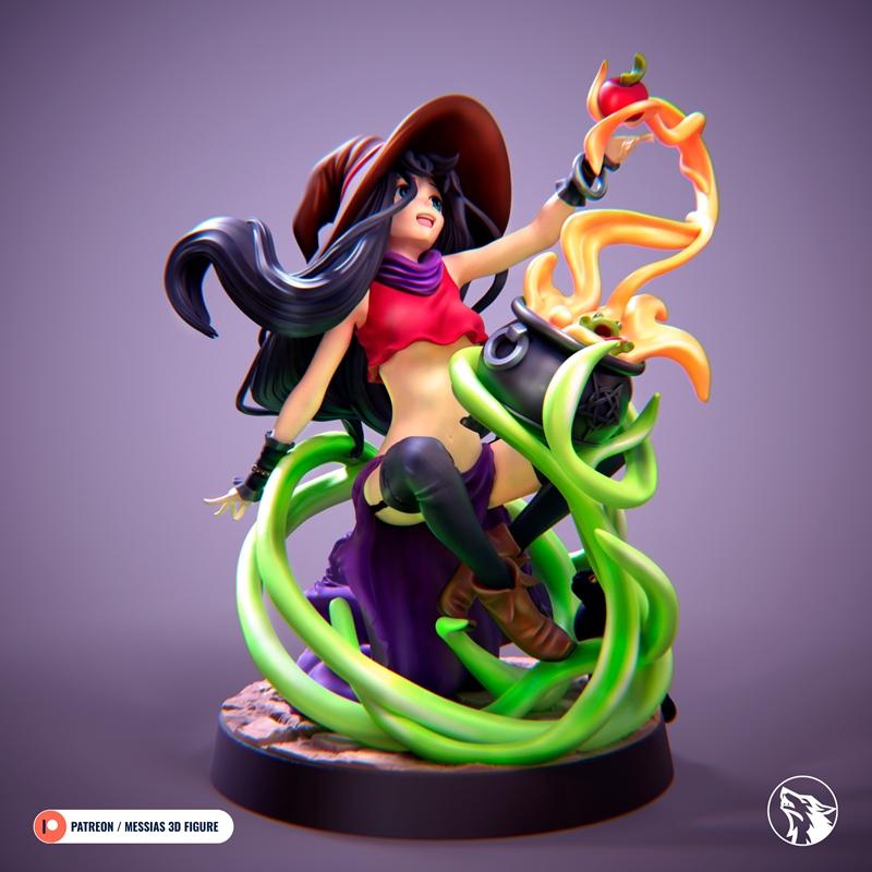 Stylized witch figure in a pointed hat and red top, holding an apple over a black cauldron with green magical energy...