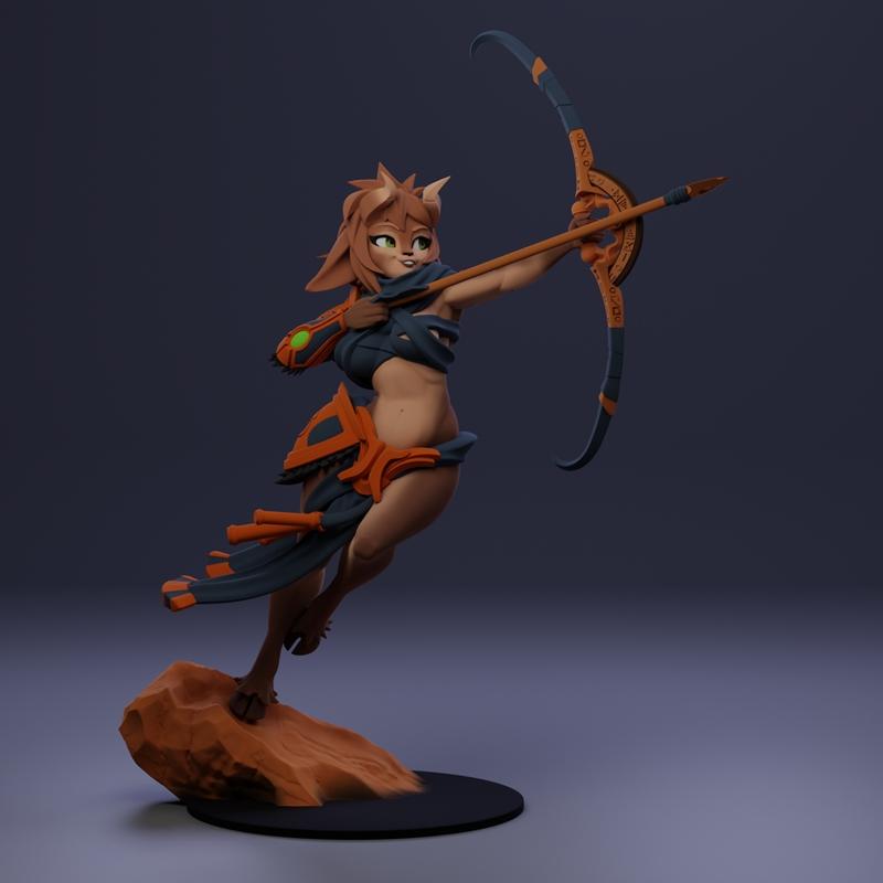 Lyrissa The Stormborne Faun 3D model figure, a faun archer with brown fur, green eyes, drawing a bow and arrow, weari...