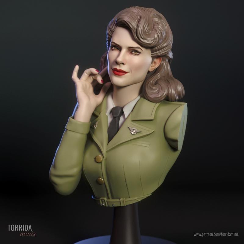 Torrida Minis 3D printable bust of Peggy Carter from Captain America, wearing a green military jacket and tie, with a...