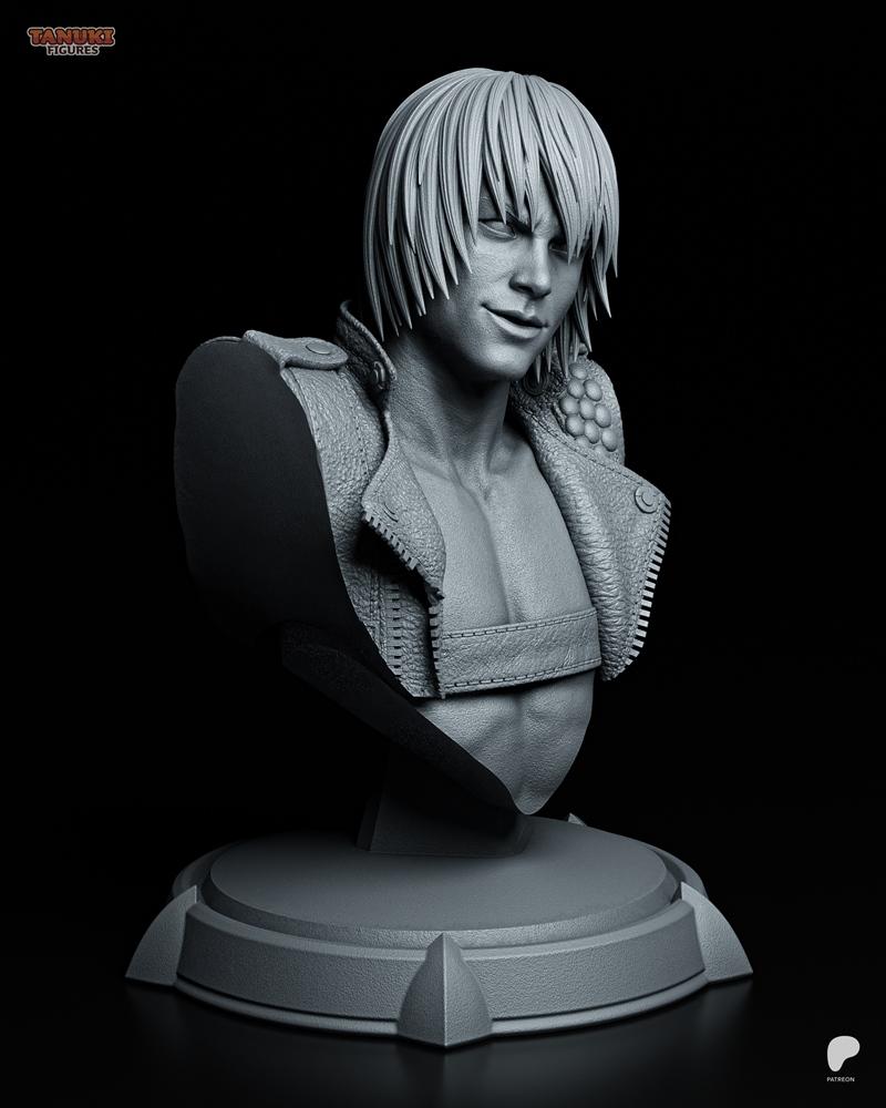 Bust of Dante from Devil May Cry, featuring long hair, a leather jacket, and a smirk, on a display base. 3D model by...